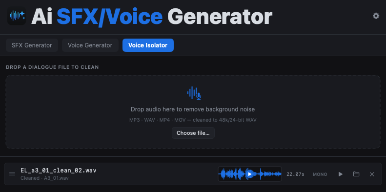 Voice Isolator — drop in noisy dialogue and get clean voice back