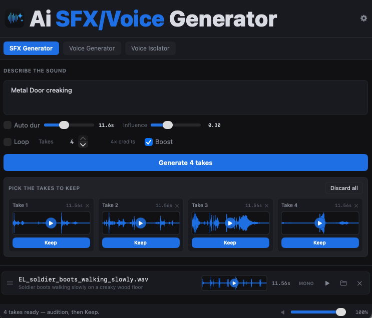 Ai SFX/Voice Generator — SFX Generator workspace