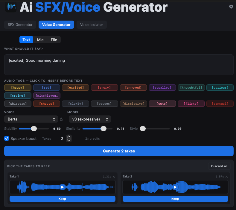 Voice Generator — expressive AI speech with emotion tags and voice controls