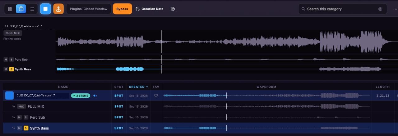 A cue expanded into its stems in Pegbox's Stacks view, each with mute and solo, waveforms scrubbing in sync