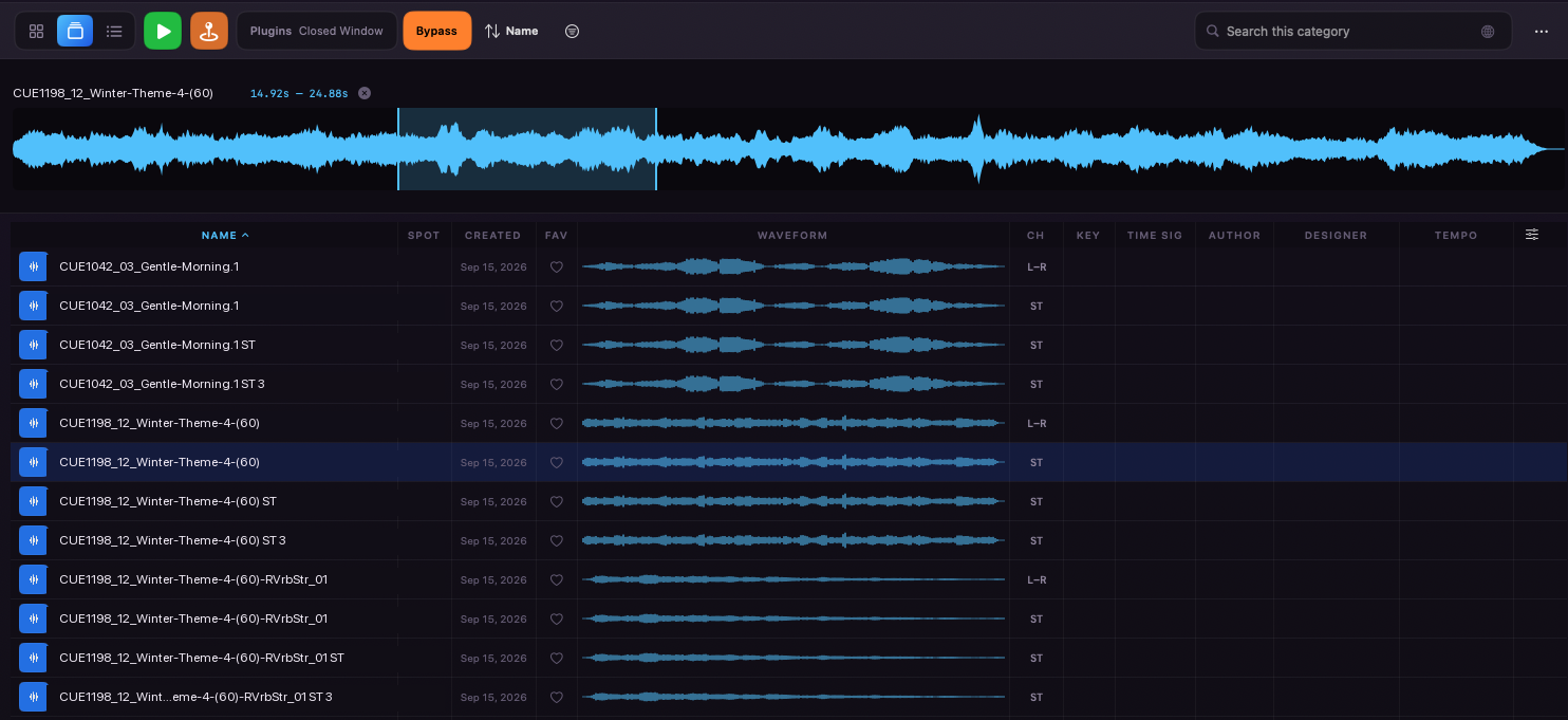 Pegbox's Stacks view: a list of music cues with full waveforms, a selectable time range, and Key, Time Sig, Tempo, Author and Designer columns
